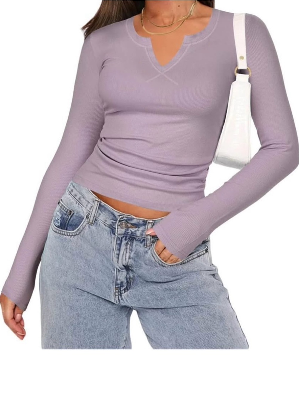 Women’s Long Sleeve Notch Neck Ribbed Top - Lavender